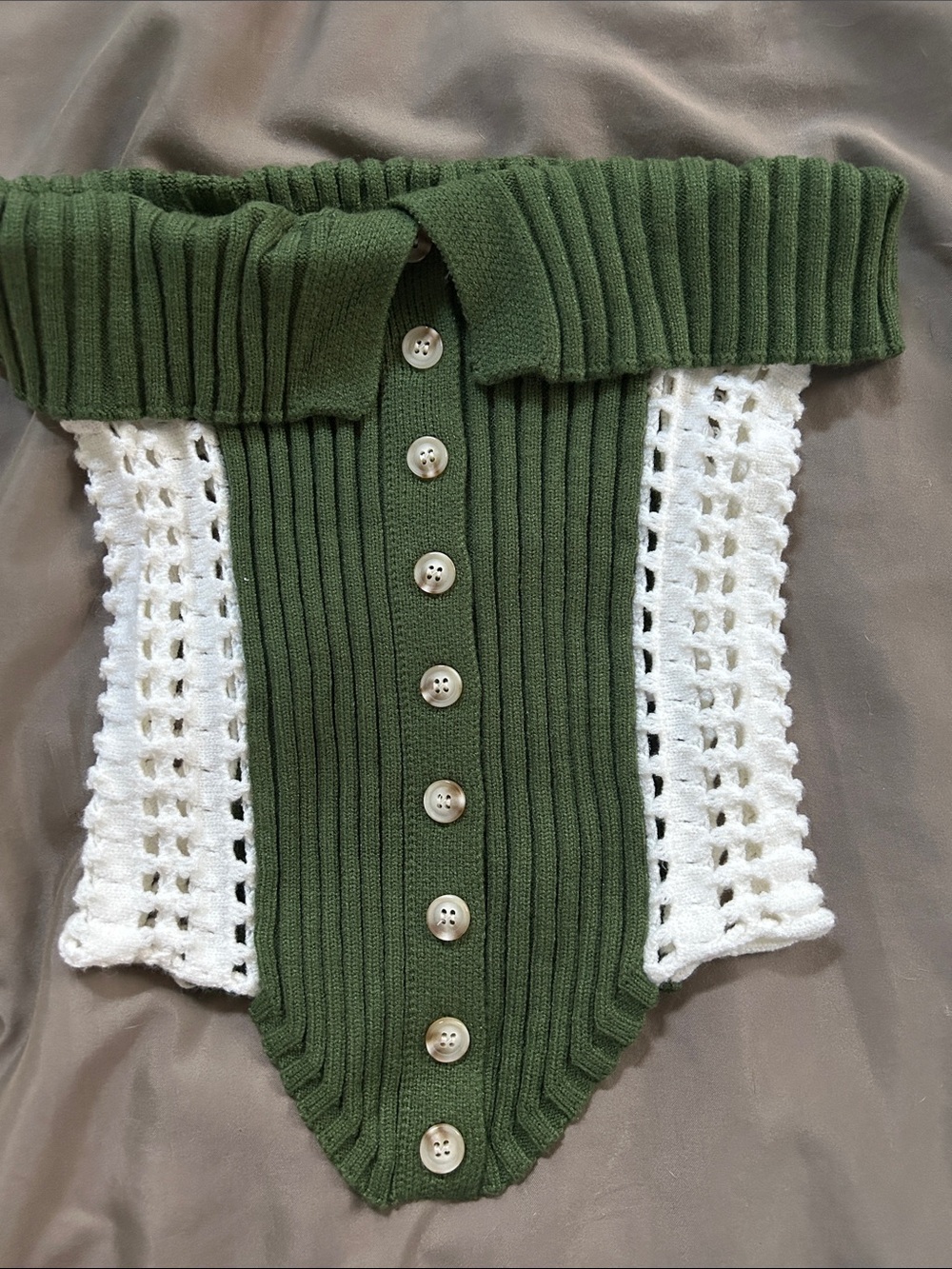 SHEIN Olive Green & White Ribbed Off-Shoulder Button Sweater